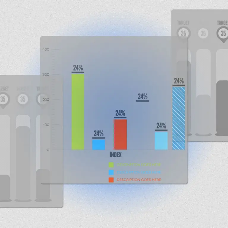 A stylized graphic showing layered data visualizations, featuring a central multi-colored bar chart with a legend and background bar charts.