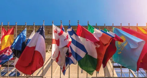 Various international flags flying together on flagpoles.