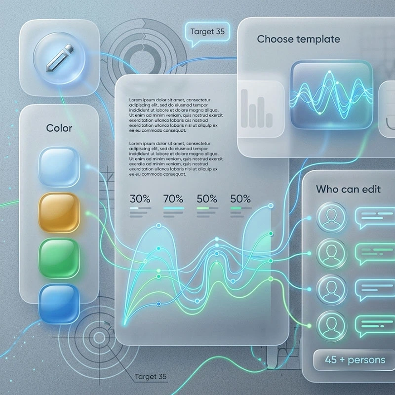 A stylized 3D graphic showing interconnected data dashboard panels, focusing on line graphs and a 'Who can edit' team collaboration menu.