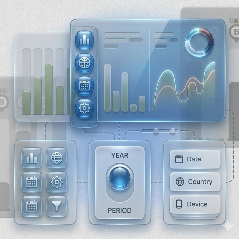 A stylized 3D graphic showing interconnected data dashboard panels, charts, and filtering controls.