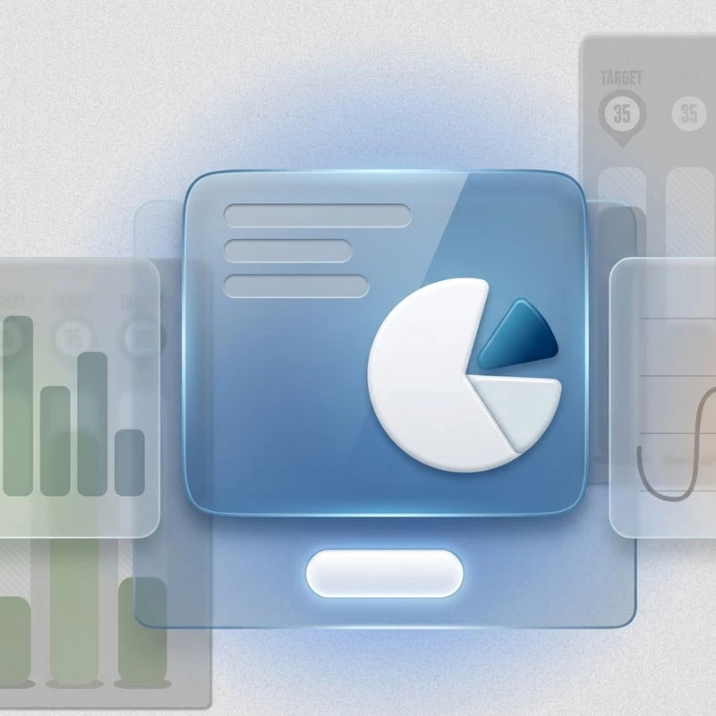 A stylized 3D graphic of a glossy blue panel displaying a pie chart, surrounded by translucent background charts.